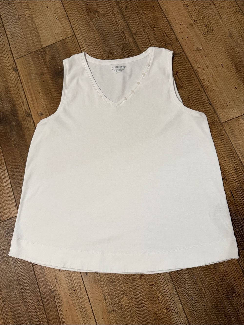 Chico's White V-Neck Sleeveless Tank with Button Trim